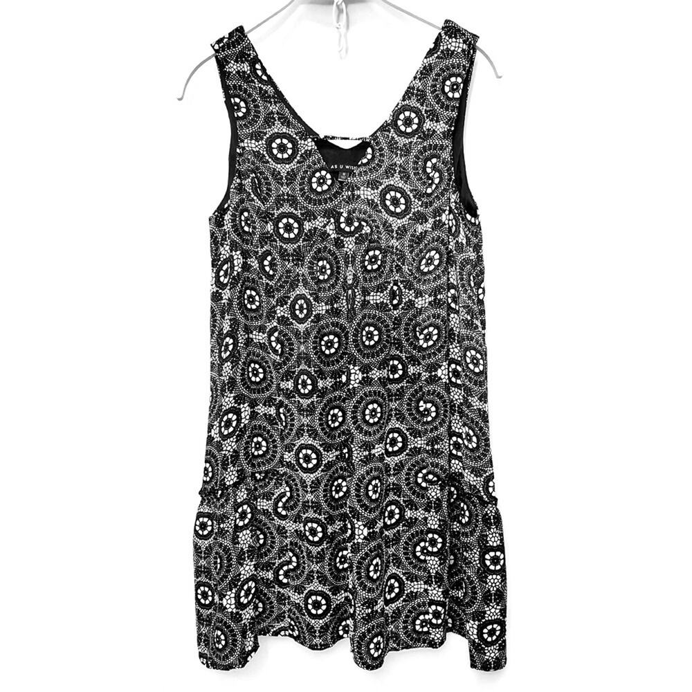 AS U WISH Black White Floral Lace V-Neck Sleeveless Flowy Tank Dress Medium
